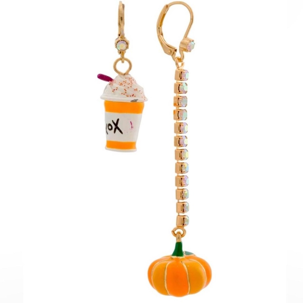 Betsey Johnson Pumpkin Spice Latte Coffee & Pumpkin Mismatch Drop Earrings NWT